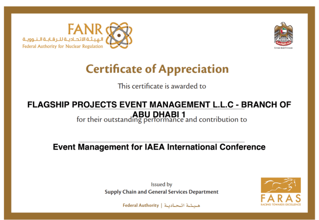 Client Certificate of appreciation to Flagship Events